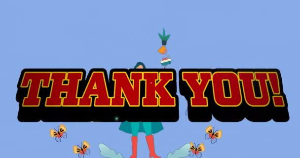 Animation Des Textes Danke Über Eine Frau Superhelden Outfit Die — Stockvideo