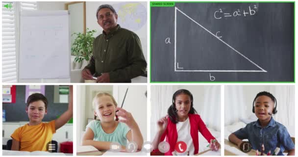 Animación Seis Pantallas Diversos Niños Maestro Pizarra Durante Lección Matemáticas — Vídeo de stock