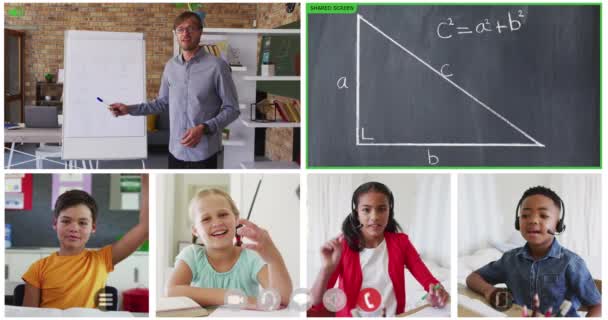 Animación Seis Pantallas Diversos Niños Maestro Pizarra Durante Lección Matemáticas — Vídeo de stock