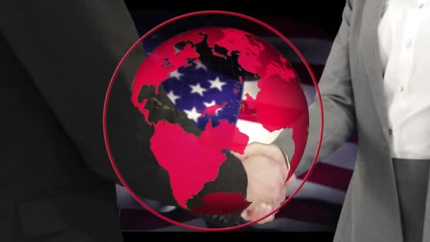 Animación Globo Sobre Bandera Americana Apretón Manos Hombre Negocios Negocio — Vídeos de Stock