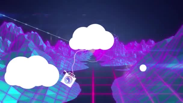 Цифрова Анімація Декількох Хмарних Піктограм Над Гірськими Структурами Мережею Єднань — стокове відео
