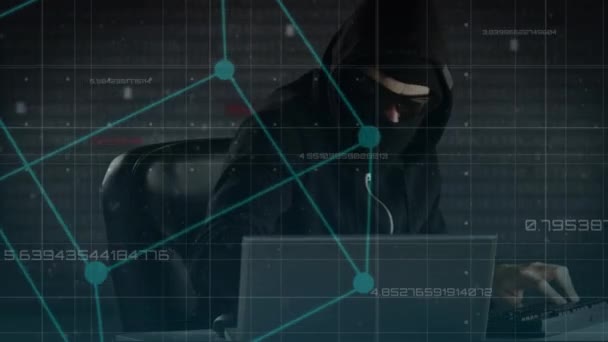 Animation Von Verbindungsnetzwerken Über Hacker Mit Laptop Globale Internetsicherheit Datenverarbeitung — Stockvideo