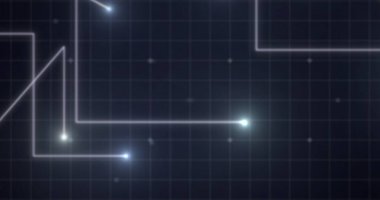 Mor arka planda ızgarada hareket eden parlak beyaz noktaların görüntüsü. dijital arayüz hesaplama kavramı dijital olarak oluşturulmuş resim.