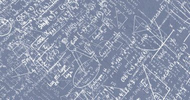 Gri üzerine beyaz matematiksel formüller ve geometrik çizimler. eğitim bilimi araştırma konsepti dijital olarak oluşturulmuş görüntü.