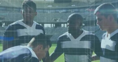 Spor stadyumundaki ragbi oyuncusunun istatistik ve veri işleme animasyonu. küresel spor, rekabet ve veri işleme kavramı dijital olarak oluşturulmuş video.