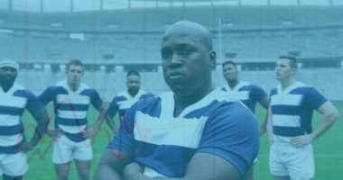 Ragbi oyuncularının istatistiklerinin animasyonu. global spor, teknoloji, dijital arayüz ve bağlantılar konsepti dijital olarak oluşturulmuş video.