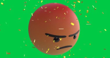 Yeşil ekran arka planında kızgın emoji simgesinin üzerine düşen konfeti animasyonu.