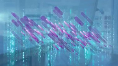 Mor ışık yollarının animasyonu ve boş ofis üzerindeki veri işleme sistemi. küresel iş, dijital arayüz, teknoloji ve ağ konsepti dijital olarak oluşturulmuş video.