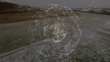 Deniz kıyısındaki bağlantı ağının animasyonu. küresel bağlantı, dijital arayüz, teknoloji ve ağ konsepti dijital olarak oluşturulmuş video.