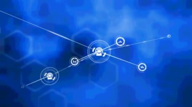 Mavi arkaplan üzerindeki bağlantı ağının animasyonu. bağlantı, teknoloji ve dijital arayüz kavramı dijital olarak oluşturulmuş video.