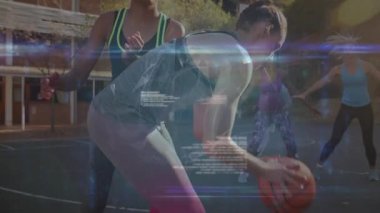 Basketbolcular üzerinden dünya ile bağlantı ağının animasyonu. bağlantı, teknoloji ve dijital arayüz kavramı dijital olarak oluşturulmuş video.