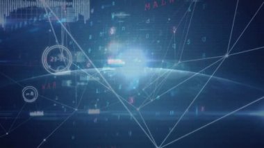 Karanlık arka planda dünya üzerinde hareket eden bağlantılar ve veri işleme ağının animasyonu. küresel iletişim ve veri paylaşım kavramı, dijital olarak oluşturulmuş video.