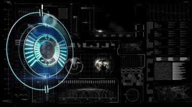 Koyu arkaplandaki saat ve istatistik işlemlerinin animasyonu. business, data işleme, bağlantı, teknoloji ve dijital arayüz kavramı dijital olarak oluşturulmuş video.
