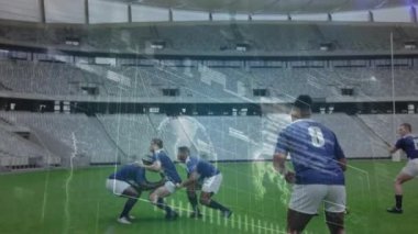 Spor stadyumundaki ragbi maçında veri işleme animasyonu. küresel spor, rekabet ve veri işleme kavramı dijital olarak oluşturulmuş video.