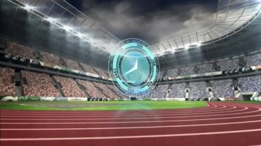 Spor stadyumunun üzerindeki dijital saatin animasyonu. global spor, veri işleme, dijital arayüz ve teknoloji konsepti dijital olarak oluşturulmuş video.