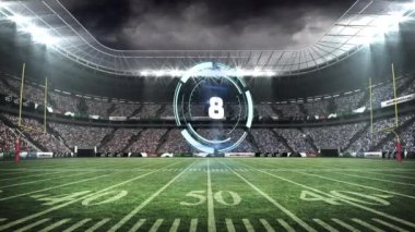 Rugby stadyumunda dijital sayaç animasyonu. global spor, veri işleme, dijital arayüz ve teknoloji konsepti dijital olarak oluşturulmuş video.