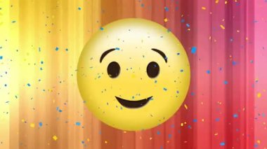 Sarı ve pembe arka planda düşen beyaz lekeli mutlu emoji ikonu animasyonu. küresel sosyal medya, bağlantılar, dijital arayüz, teknoloji ve ağ konsepti dijital olarak oluşturulmuş video.