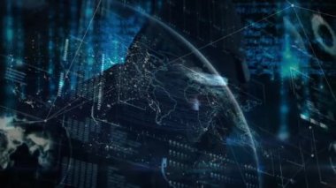 Hackerlar üzerindeki bağlantı ağlarının dünyanın animasyonu. küresel internet güvenliği, veri işleme, ağlar, bağlantılar ve dijital arayüz konsepti dijital olarak oluşturulmuş video.