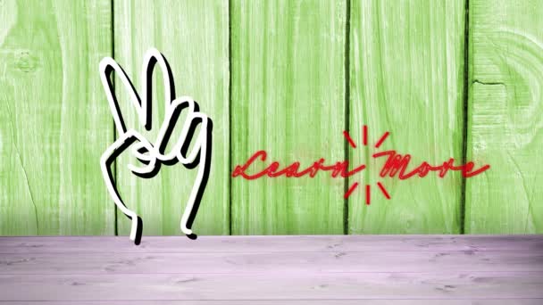 Neon Learn More Text Hand Peace Symbol Green Wooden Background — Stock Video