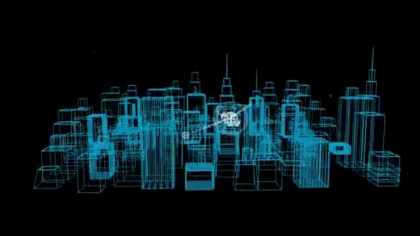 Animación Red Conexiones Con Iconos Sobre Dibujo Ciudad Arquitectura Global — Vídeo de stock