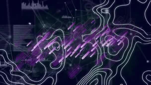 Фіолетові Світлові Стежки Над Топографією Мережею Єднань Чорному Тлі Технологічний — стокове відео