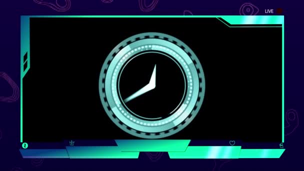 黒い背景を持つライブビデオフィードインターフェイス上で回転する手で時計のアニメーション 地球規模の通信技術とデジタルデータ共有の概念デジタル生成されたビデオ — ストック動画