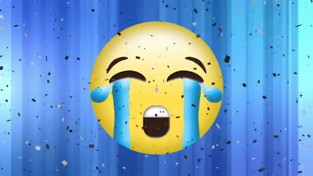 Анимация Плачущей Иконки Эмодзи Синем Фоне Выпадающими Белыми Пятнами Глобальные — стоковое видео