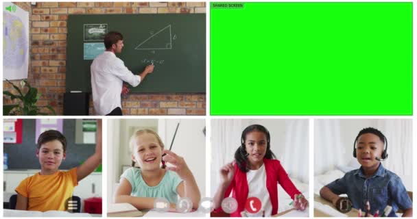 Animation Von Green Screen Und Videoleinwänden Verschiedener Lehrer Und Vier — Stockvideo