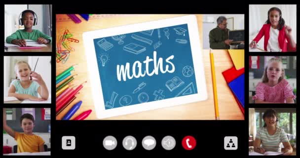 Анимация Интерфейсного Экрана Текстом Математикой Учителем Шестью Разнообразными Детьми Онлайн — стоковое видео