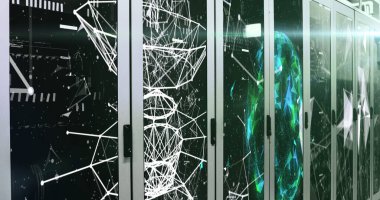 Sunucu odasındaki bilgisayar sunucularından akan dünya, veri işleme ve dijital bilgi görüntüsü. İnternet hizmet sağlayıcısı veya veri işleme merkezi genel ağı.