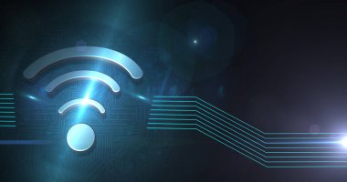 Bilgisayar devre kartının üzerinde kablosuz internet sembolü ve yeşil parlayan çizgiler. dijital arayüz bağlantısı ve dijital olarak oluşturulan iletişim konsepti.