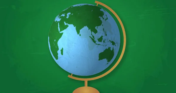 Зображення Зеленого Синього Глобуса Обертається Дерев Яній Підставці Зеленому Фоні — стокове фото