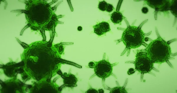緑色の背景にある緑色のコロナウイルス細胞の画像 医学公衆衛生パンデミックコロナウイルス感染症の概念は デジタル画像を生成します — ストック写真