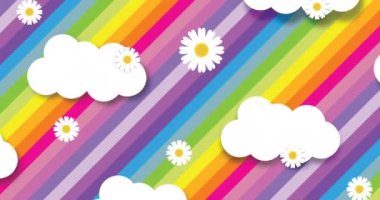Gökkuşağı arka planında tekrarlanan beyaz bulutların ve çiçeklerin animasyonu. moda ve aksesuarlar arka plan desen konsepti dijital animasyon.