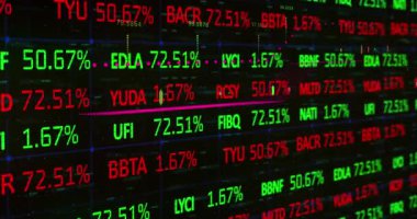 İstatistikler üzerinden finansal veri işleme animasyonu. küresel finansman, iş dünyası, dijital arayüz ve teknoloji konsepti dijital olarak oluşturulmuş video.