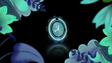 Siyah arka planda saati olan yeşil ve mavi yaprakların animasyonu. küresel iletişim teknolojisi ve dijital veri paylaşım konsepti dijital olarak oluşturulmuş video.