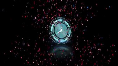 Siyah arka plana düşen renkli konfetilerin üzerinde dönen saatin animasyonu. kutlama, parti ve olay konsepti dijital olarak oluşturulmuş video.