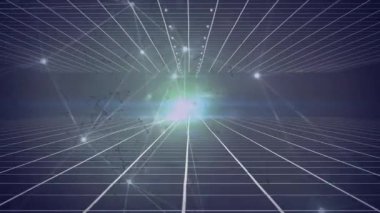 Mavi arkaplandaki ızgara ağına karşı parlayan bağlantı ağının dijital animasyonu. küresel ağ ve teknoloji kavramı