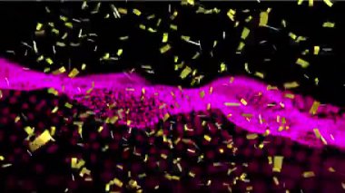 Dalgalanan pembe noktaların üzerine düşen altın konfetilerinin animasyonu. kutlama, parti ve olay konsepti dijital olarak oluşturulmuş video.