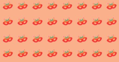 Turuncu arka planda karnaval maskesi animasyonu tekrarlandı. moda ve aksesuarlar arka plan desen konsepti dijital animasyon.