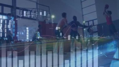Basketbolcularla ilgili veri işleme ve istatistiklerin animasyonu. küresel teknoloji, dijital arayüz ve bağlantılar konsepti dijital olarak oluşturulmuş video.