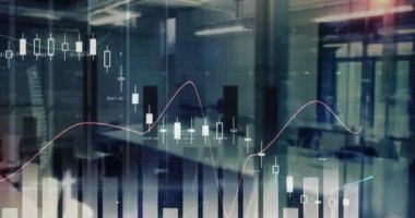 Ofis üzerinde istatistik ve finansal veri işleme animasyonu. küresel finansman, iş dünyası, dijital arayüz ve teknoloji konsepti dijital olarak oluşturulmuş video.