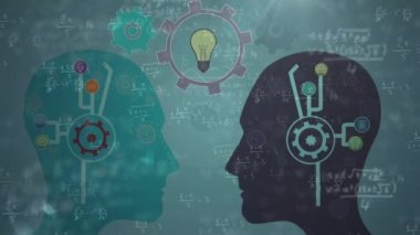 Yüzen matematiksel denklemlere karşı iki insan yüzü modelini paylaşan birden fazla dijital simge. iş fikri ve teknoloji kavramı