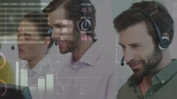 Animación Estadísticas Procesamiento Datos Sobre Personas Negocios Que Usan Auriculares — Vídeo de stock