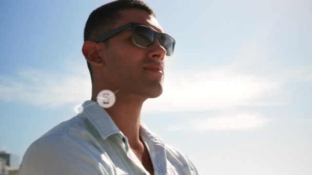Nätverk Digitala Ikoner Mot Kaukasisk Man Stående Stranden Resor Semester — Stockvideo