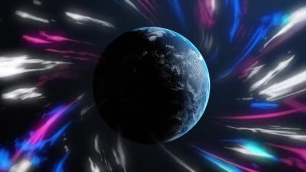 Animación Senderos Luz Brillante Sobre Planeta Tierra Redes Globales Interfaz — Vídeo de stock