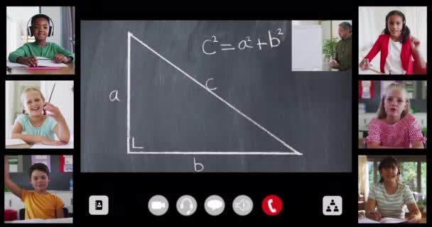 Animação Tela Interface Com Quadro Negro Professor Seis Crianças Diversas — Vídeo de Stock