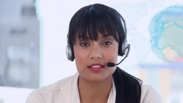 Animation Globe Connections Businesswoman Using Phone Headset Global Business Data — Stock Video