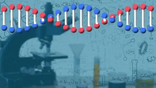Структура Днк Обертається Навколо Мікроскопа Проти Хімічних Структур Білому Тлі — стокове відео