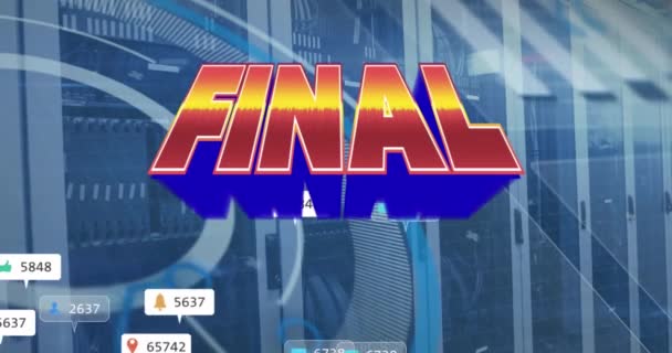 Animation des notifications textuelles, finales et des médias sociaux s'élevant au-dessus de la salle des serveurs informatiques. concept de technologie d'interface de communication globale et de médias sociaux vidéo générée numériquement.